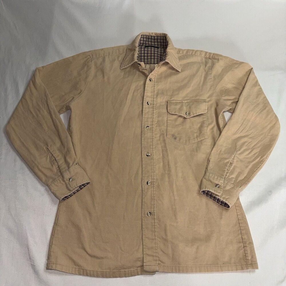 Royal Knight Tan Corduroy Button Down Shirt Men’s M Made in USA Plaid Lining